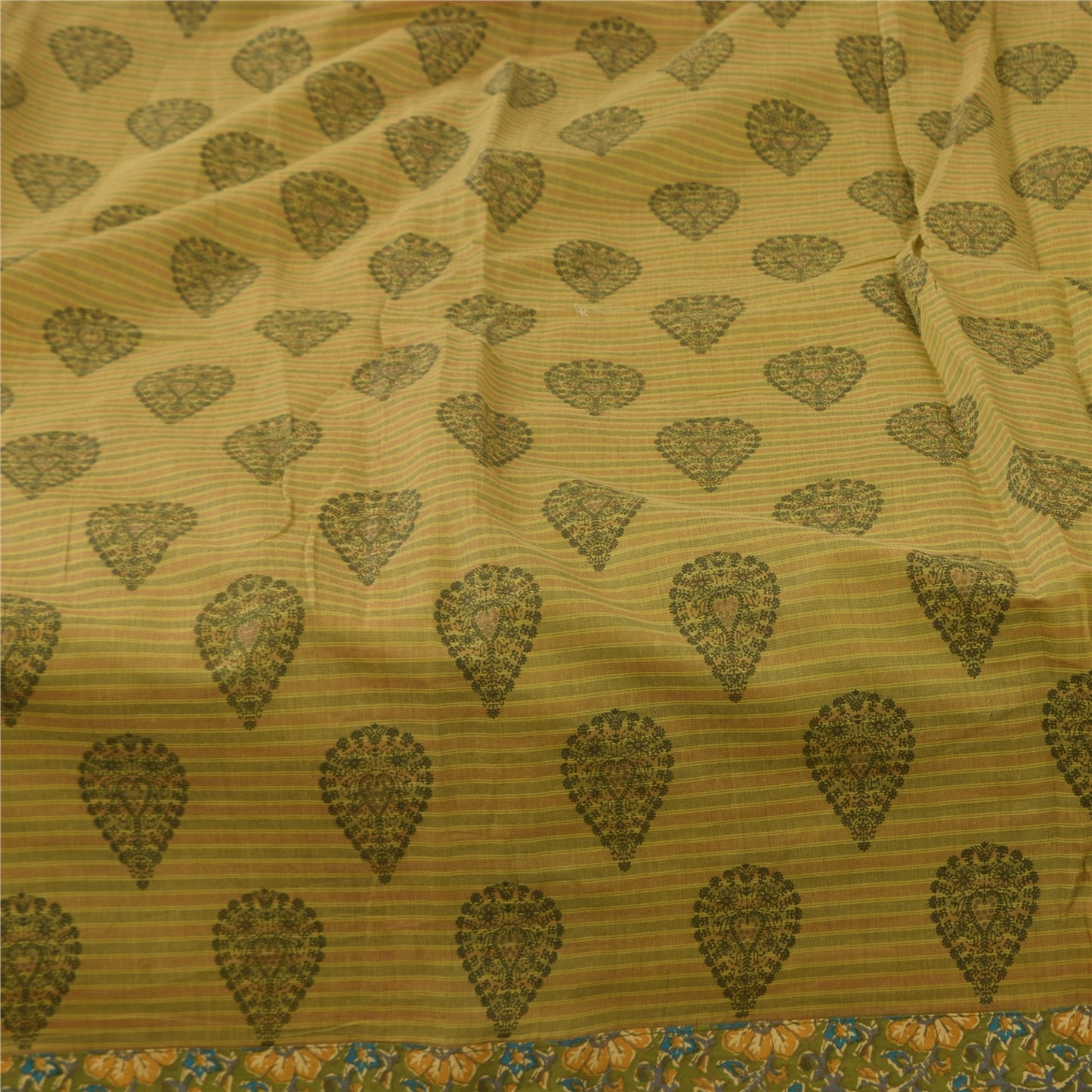 Sanskriti Vintage Sarees Indian Green Pure Cotton Printed Sari 5+yd Craft Sustainable Fabric