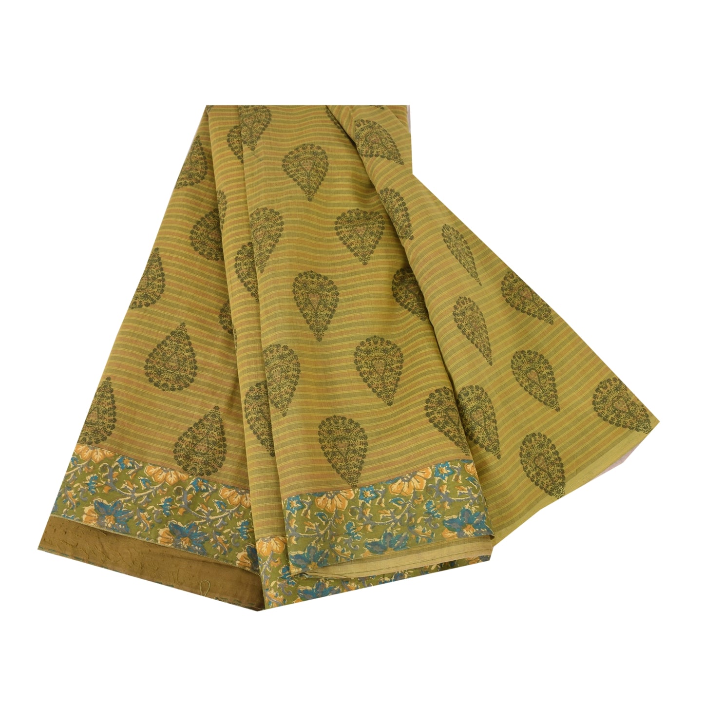 Sanskriti Vintage Sarees Indian Green Pure Cotton Printed Sari 5+yd Craft Sustainable Fabric