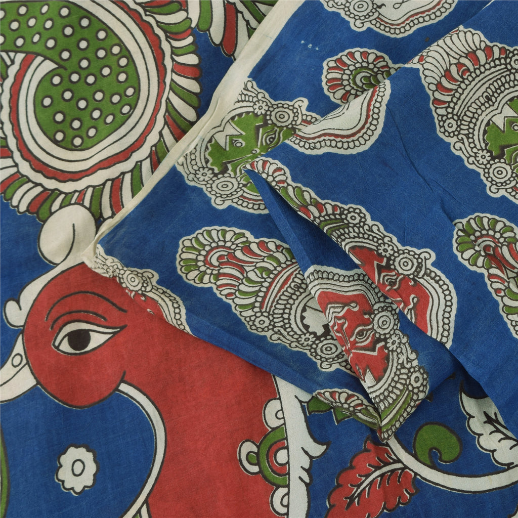Sanskriti Vintage Sarees Blue Hand Block Kathakali Pure Cotton Sari 5+yd Sustainable Fabric