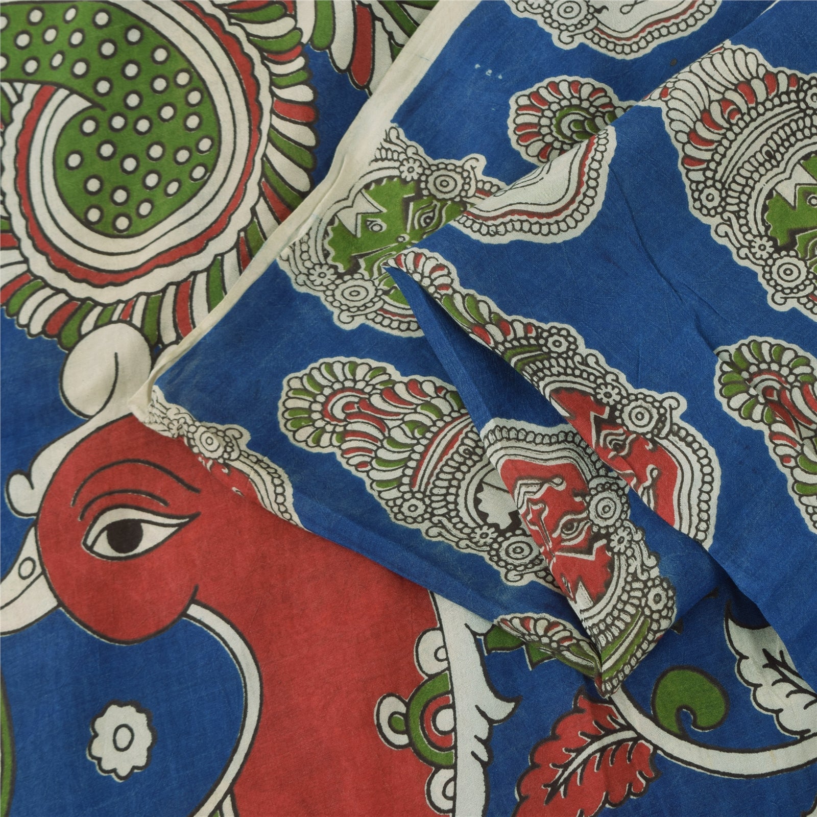 Sanskriti Vintage Sarees Blue Hand Block Kathakali Pure Cotton Sari 5+yd Sustainable Fabric