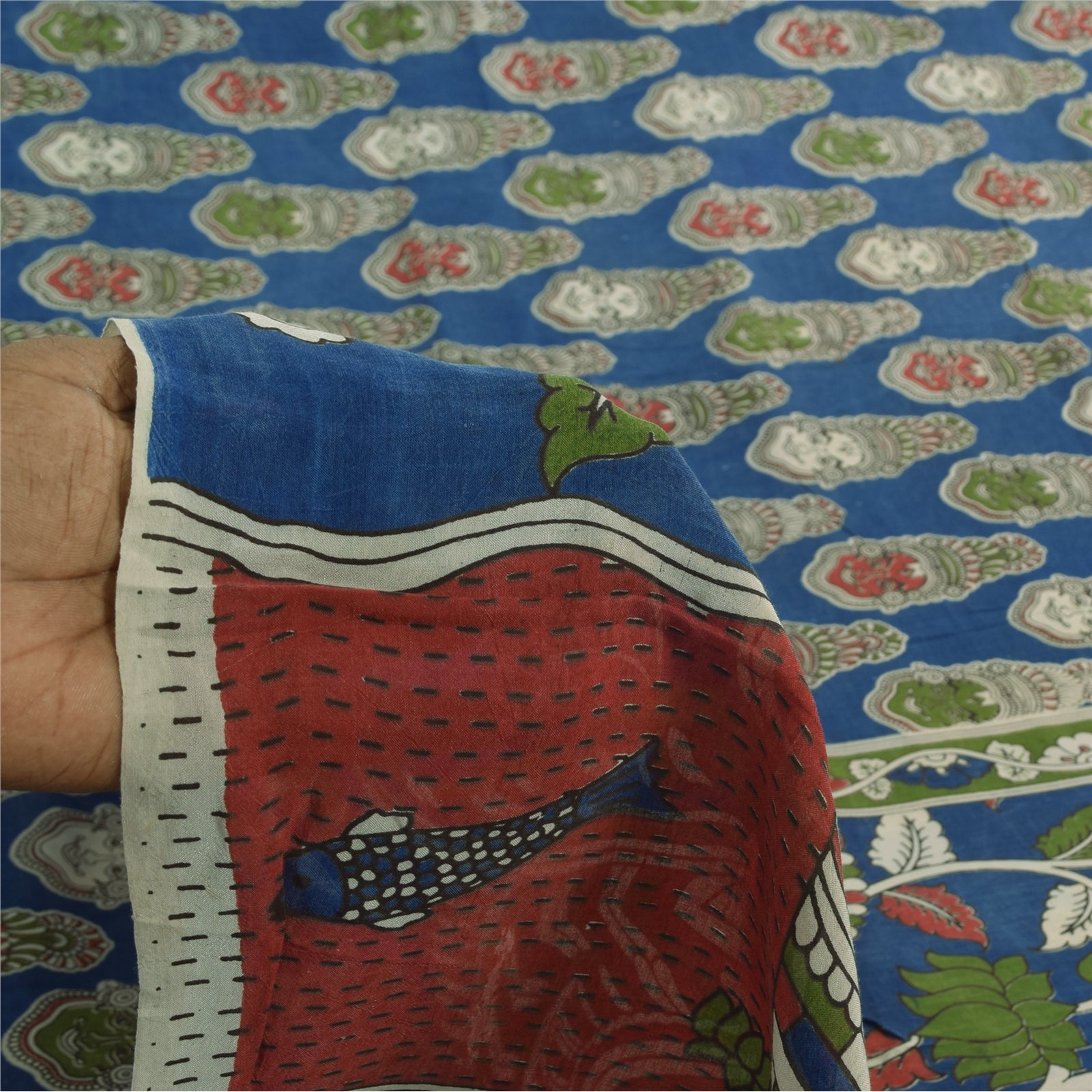 Sanskriti Vintage Sarees Blue Hand Block Kathakali Pure Cotton Sari 5+yd Sustainable Fabric