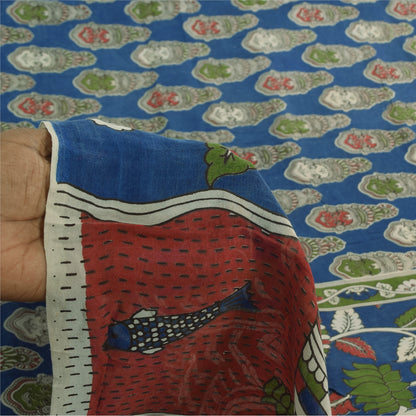 Sanskriti Vintage Sarees Blue Hand Block Kathakali Pure Cotton Sari 5+yd Sustainable Fabric