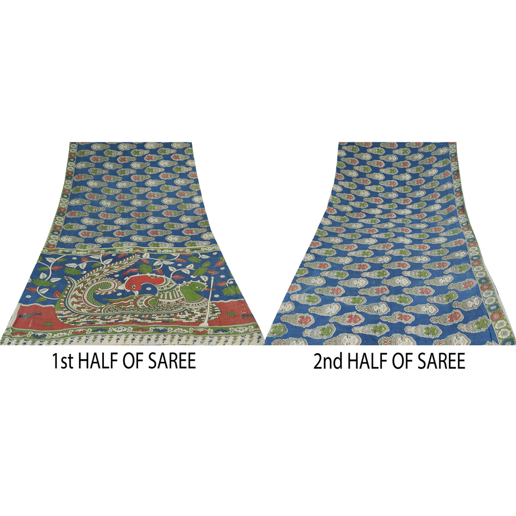 Sanskriti Vintage Sarees Blue Hand Block Kathakali Pure Cotton Sari 5+yd Sustainable Fabric
