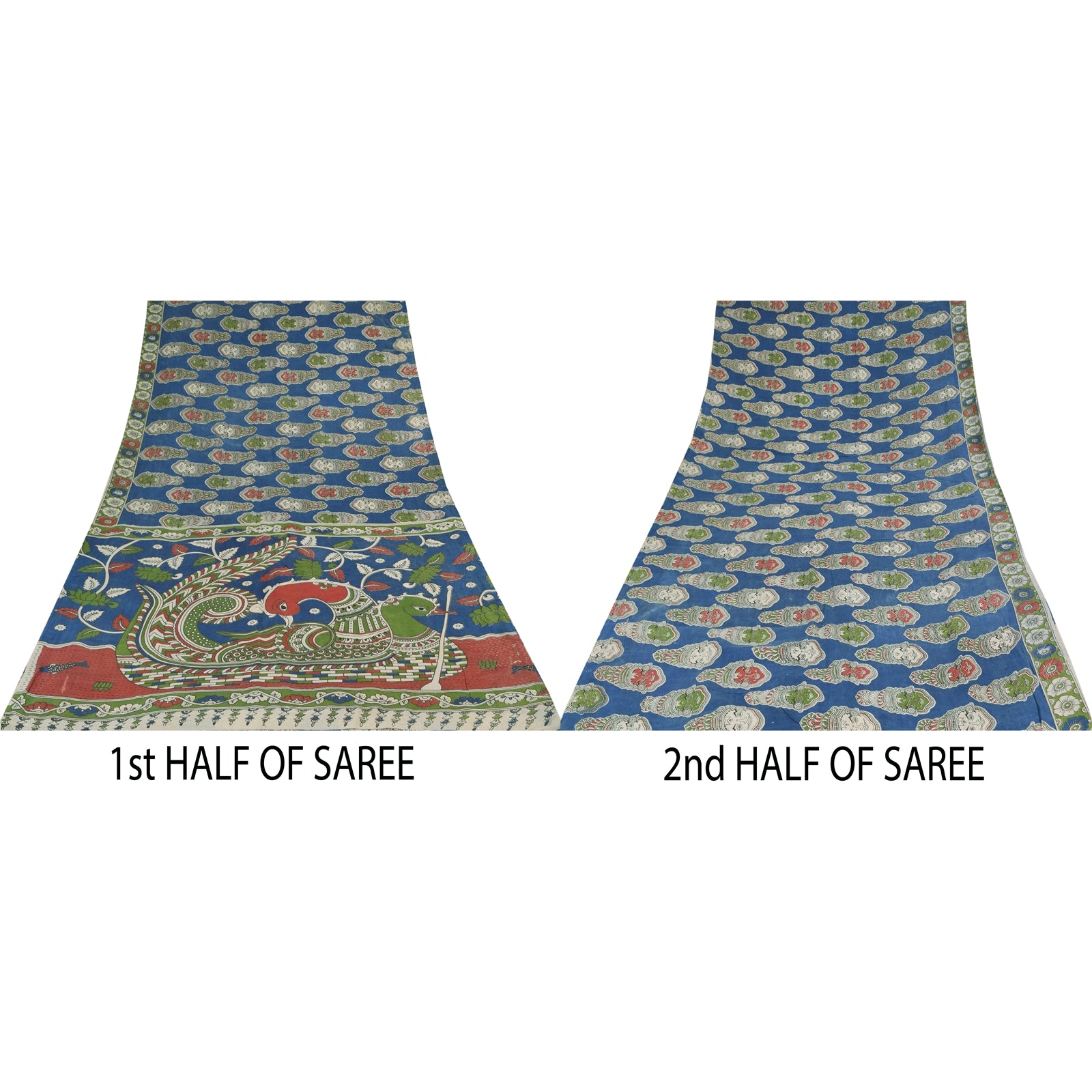 Sanskriti Vintage Sarees Blue Hand Block Kathakali Pure Cotton Sari 5+yd Sustainable Fabric