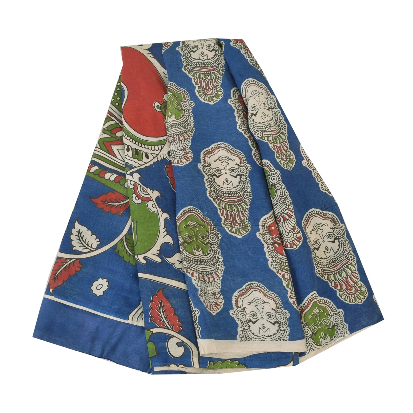 Sanskriti Vintage Sarees Blue Hand Block Kathakali Pure Cotton Sari 5+yd Sustainable Fabric