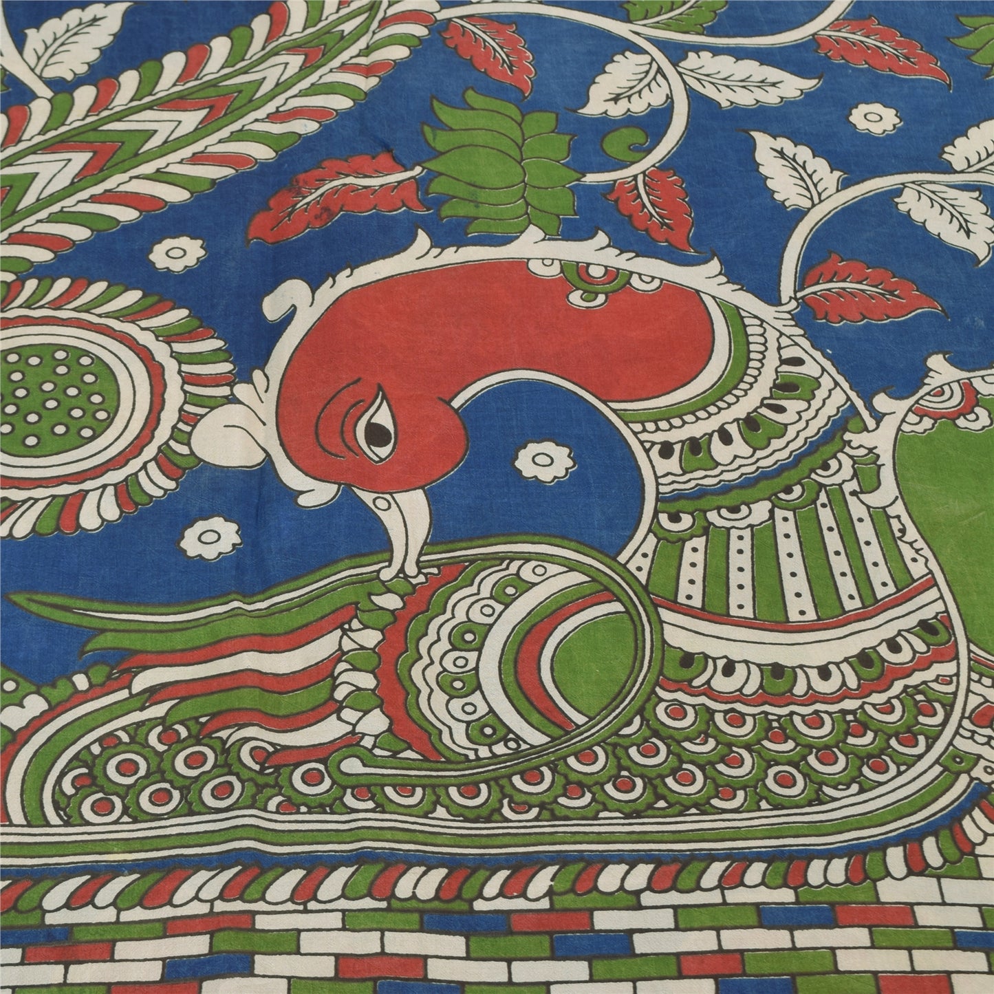 Sanskriti Vintage Sarees Blue Hand Block Kathakali Pure Cotton Sari 5+yd Sustainable Fabric