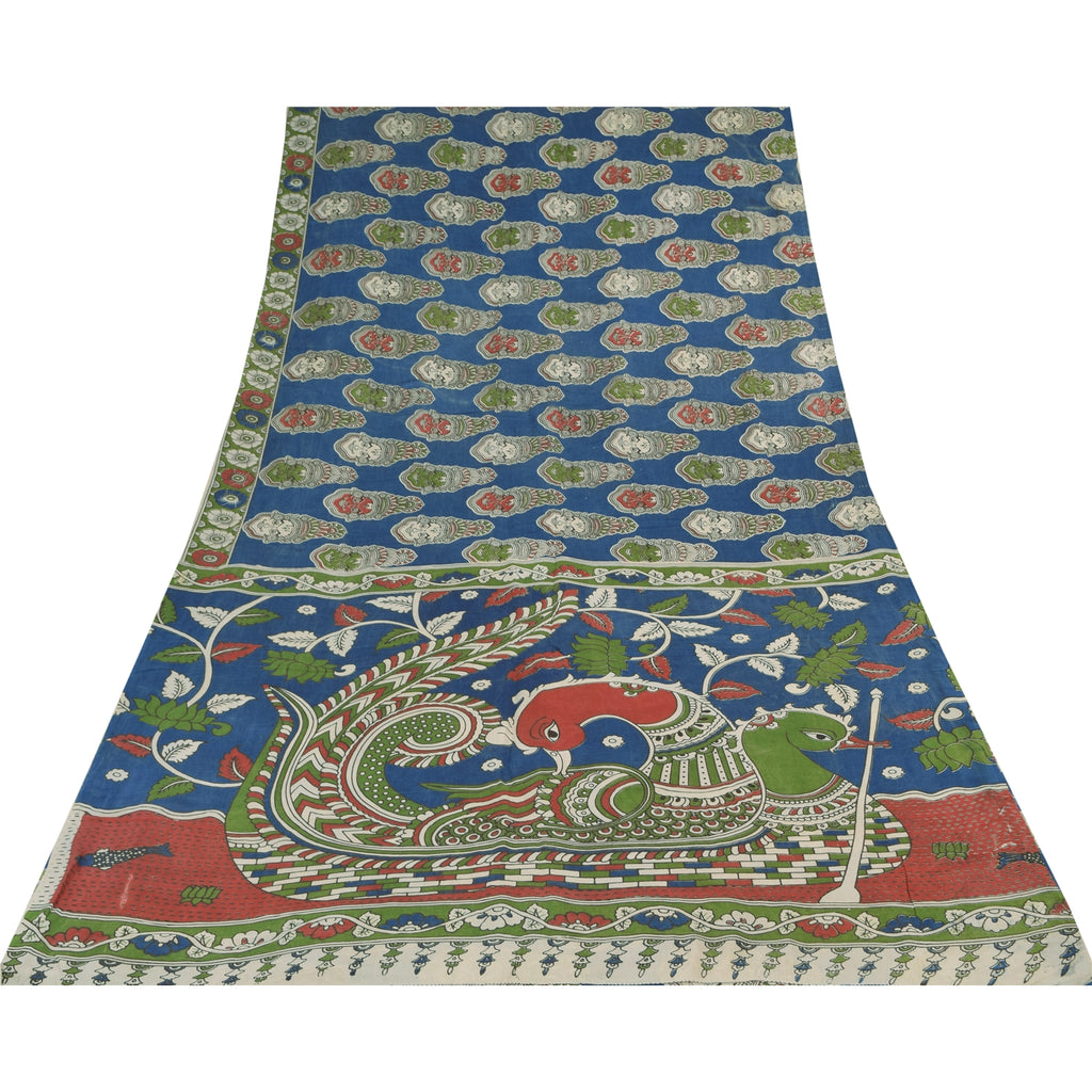 Sanskriti Vintage Sarees Blue Hand Block Kathakali Pure Cotton Sari 5+yd Sustainable Fabric