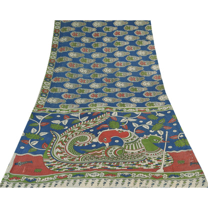 Sanskriti Vintage Sarees Blue Hand Block Kathakali Pure Cotton Sari 5+yd Sustainable Fabric