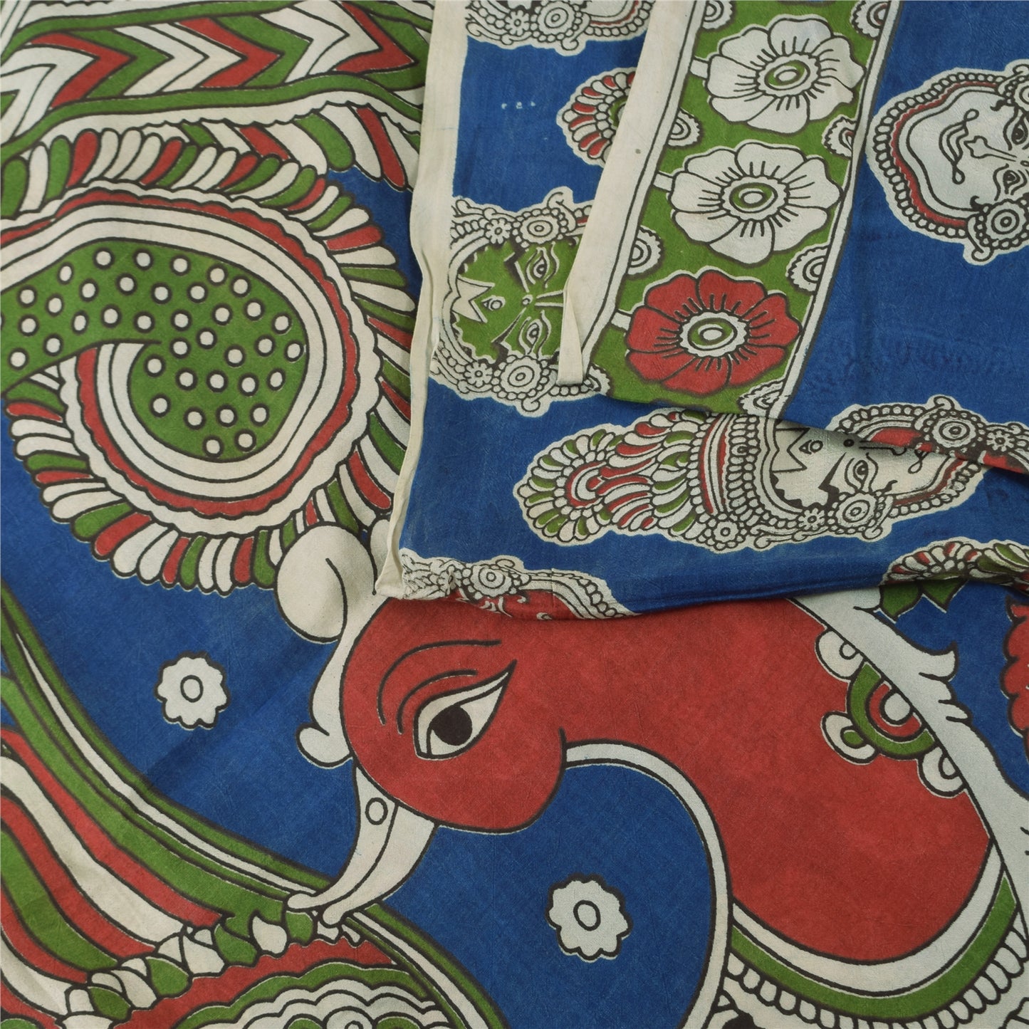 Sanskriti Vintage Sarees Blue Hand Block Kathakali Pure Cotton Sari 5+yd Sustainable Fabric