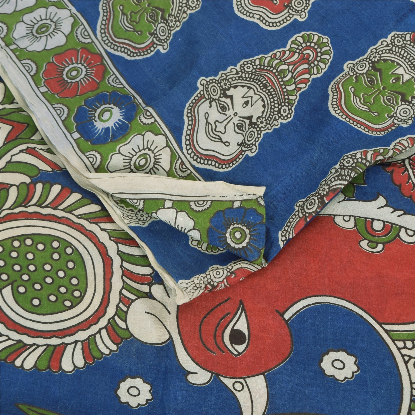 Sanskriti Vintage Sarees Blue Hand Block Kathakali Pure Cotton Sari 5+yd Sustainable Fabric