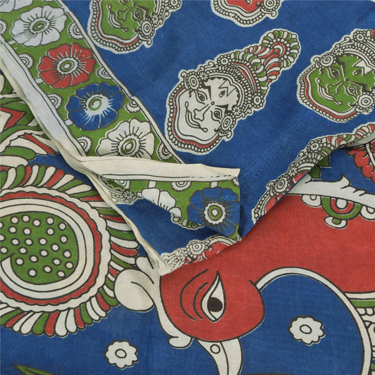 Sanskriti Vintage Sarees Blue Hand Block Kathakali Pure Cotton Sari 5+yd Sustainable Fabric