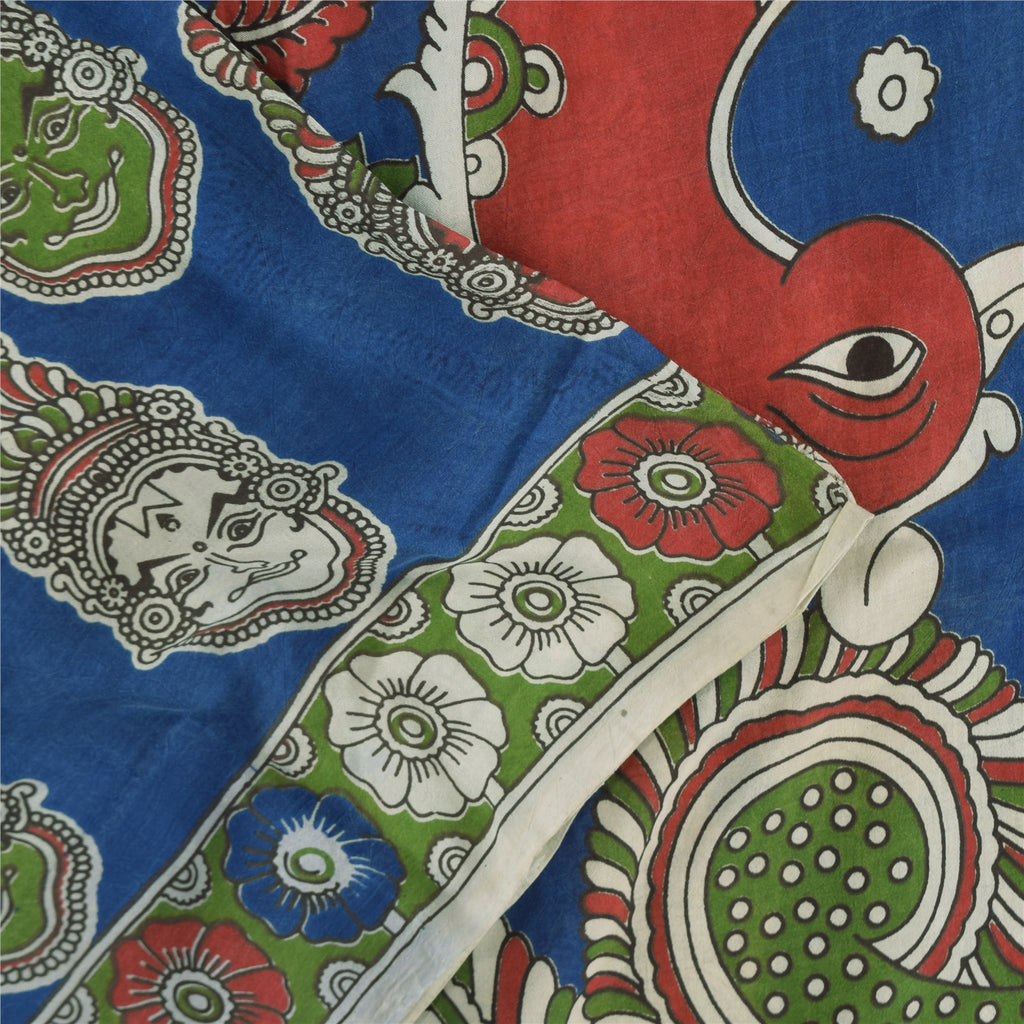 Sanskriti Vintage Sarees Blue Hand Block Kathakali Pure Cotton Sari 5+yd Sustainable Fabric