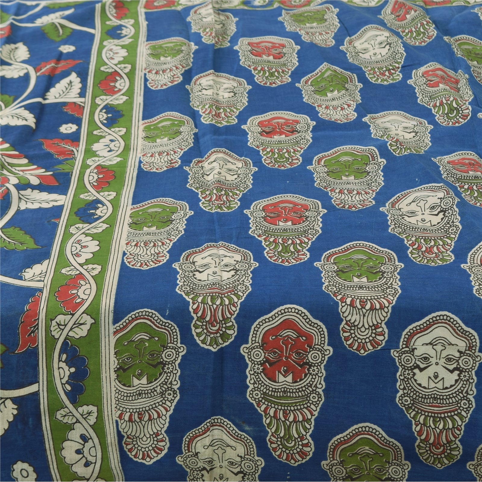 Sanskriti Vintage Sarees Blue Hand Block Kathakali Pure Cotton Sari 5+yd Sustainable Fabric