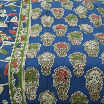 Sanskriti Vintage Sarees Blue Hand Block Kathakali Pure Cotton Sari 5+yd Sustainable Fabric