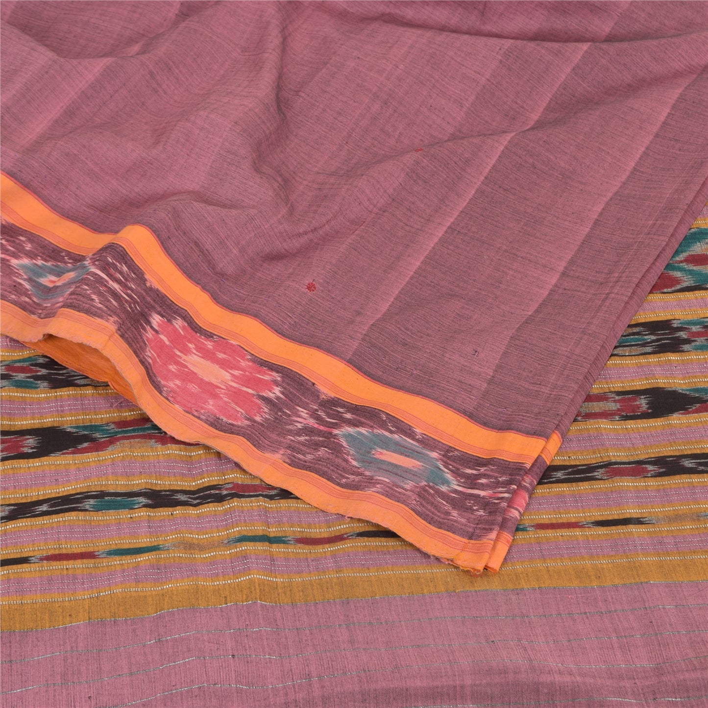 Sanskriti Vintage Sarees Pink Ikat Handwoven Odisha Pure Cotton Sari 5+yd Fabric