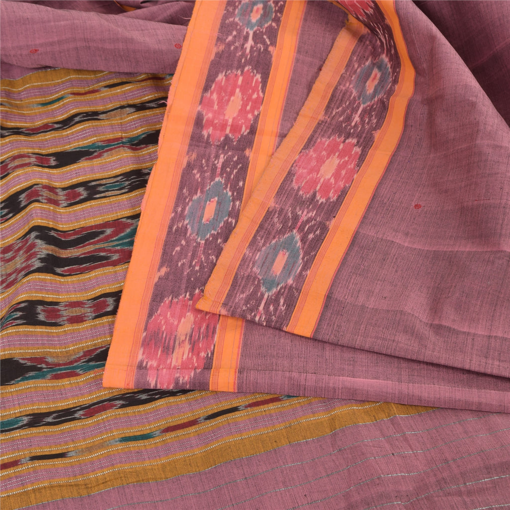 Sanskriti Vintage Sarees Pink Ikat Handwoven Odisha Pure Cotton Sari 5+yd Fabric
