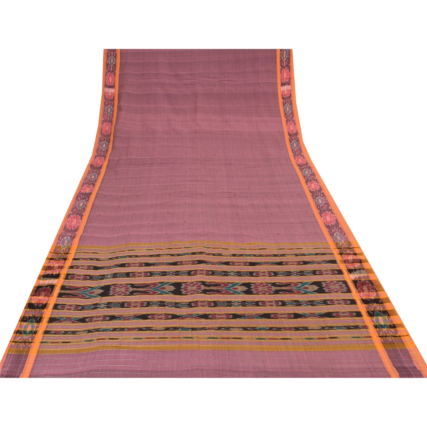 Sanskriti Vintage Sarees Pink Ikat Handwoven Odisha Pure Cotton Sari 5+yd Fabric