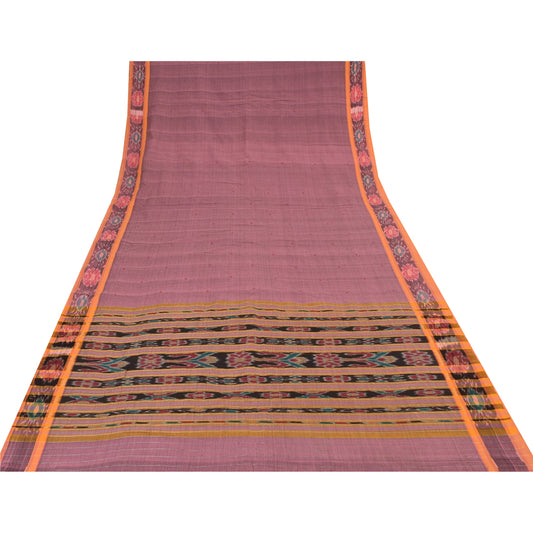 Sanskriti Vintage Sarees Pink Ikat Handwoven Odisha Pure Cotton Sari 5+yd Fabric