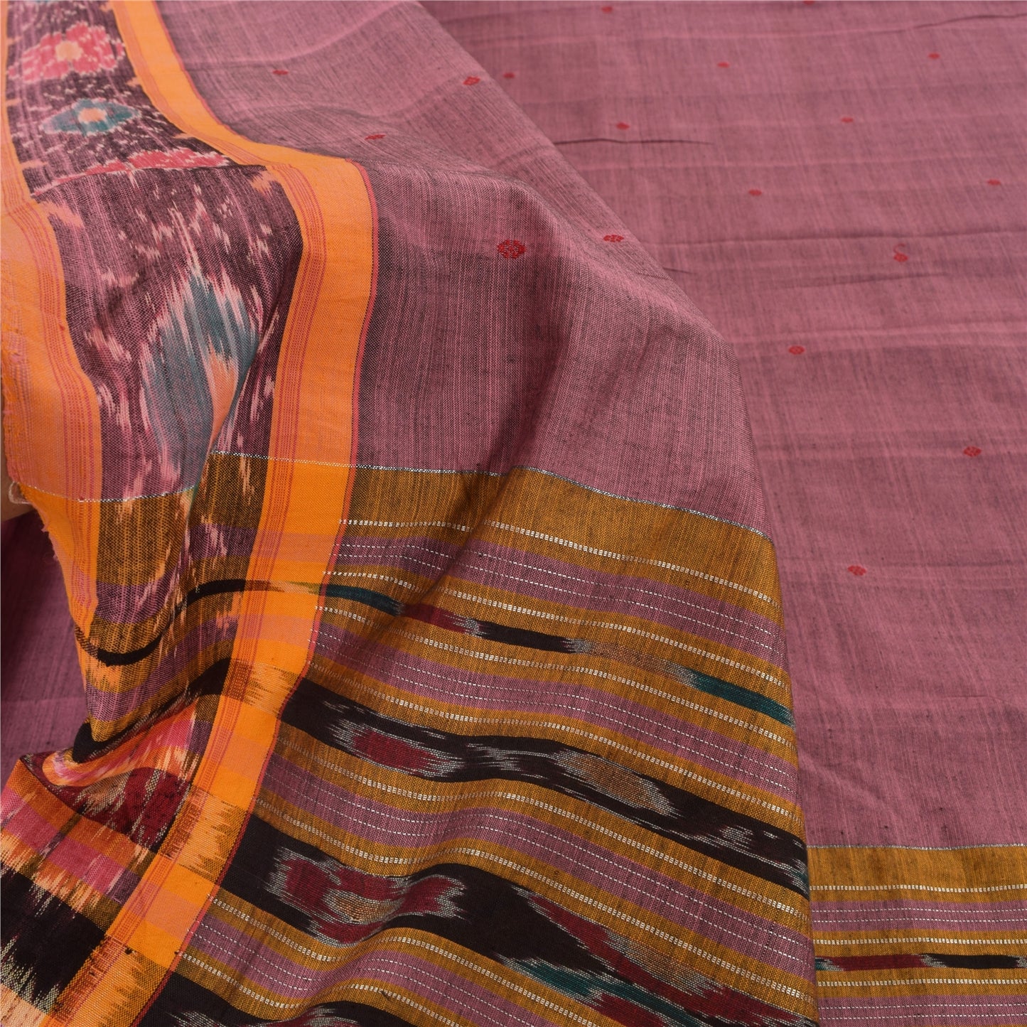 Sanskriti Vintage Sarees Pink Ikat Handwoven Odisha Pure Cotton Sari 5+yd Fabric