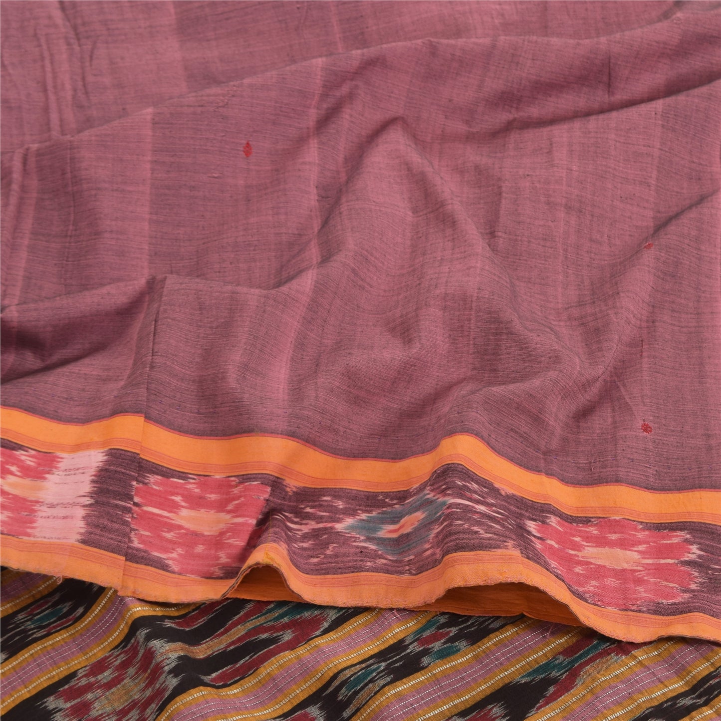 Sanskriti Vintage Sarees Pink Ikat Handwoven Odisha Pure Cotton Sari 5+yd Fabric
