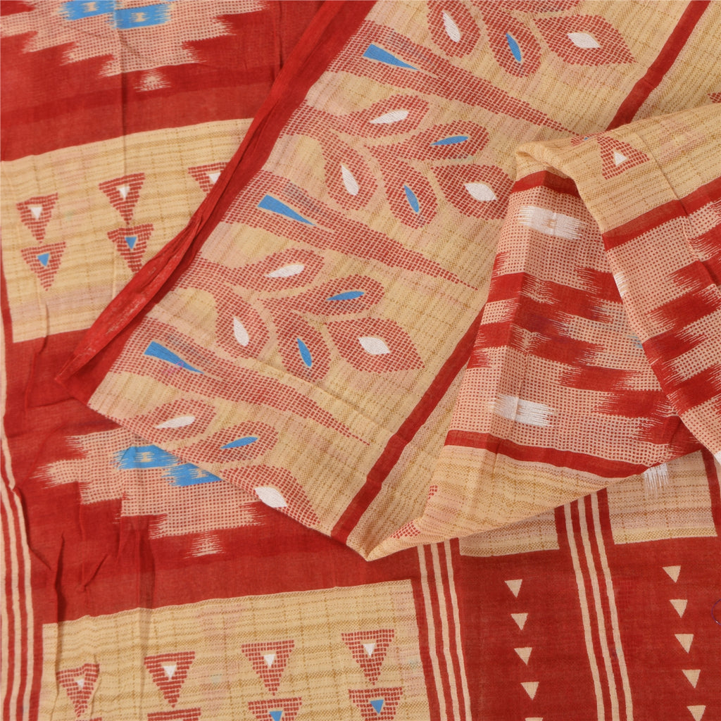 Sanskriti Vintage Sarees Peach/Red Pure Cotton Ikat Printed Sari 5+yd Sustainable Fabric