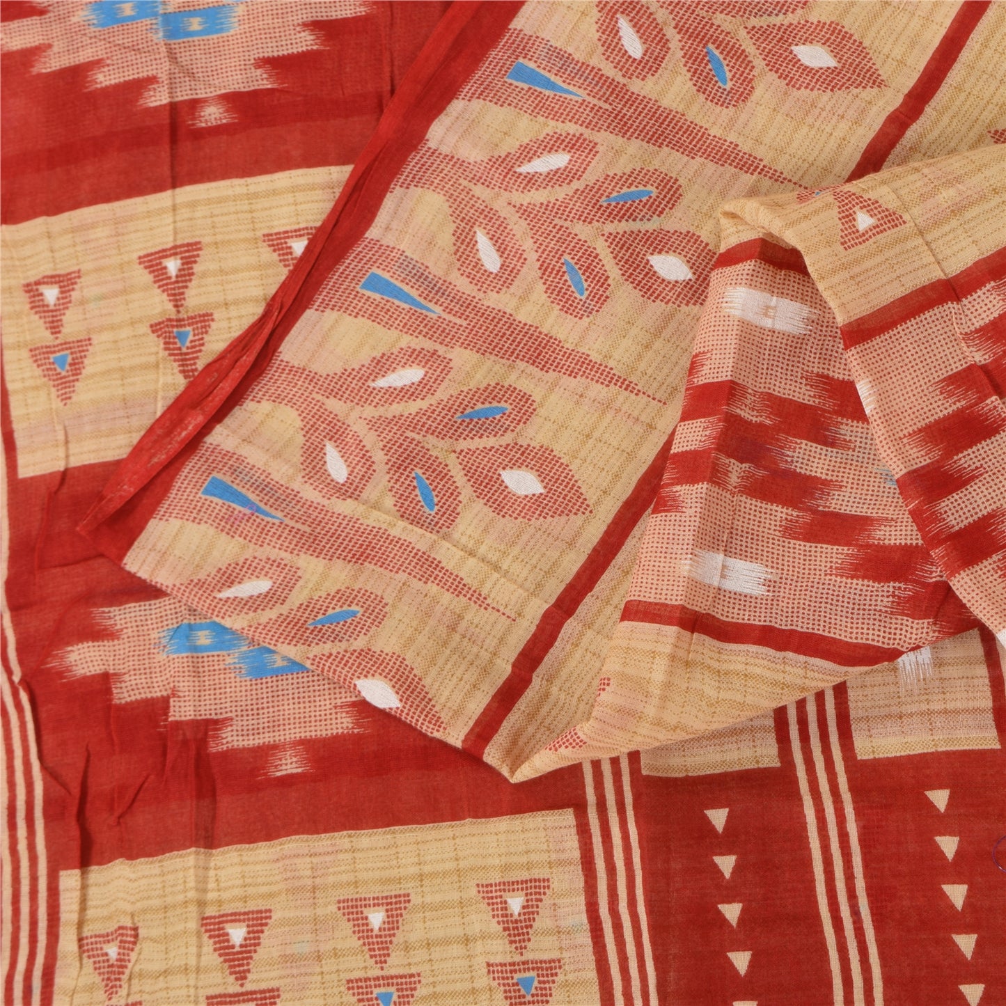 Sanskriti Vintage Sarees Peach/Red Pure Cotton Ikat Printed Sari 5+yd Sustainable Fabric
