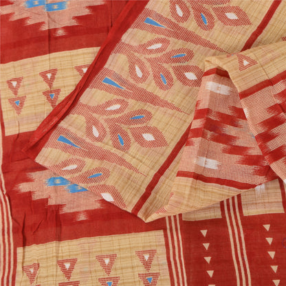 Sanskriti Vintage Sarees Peach/Red Pure Cotton Ikat Printed Sari 5+yd Sustainable Fabric