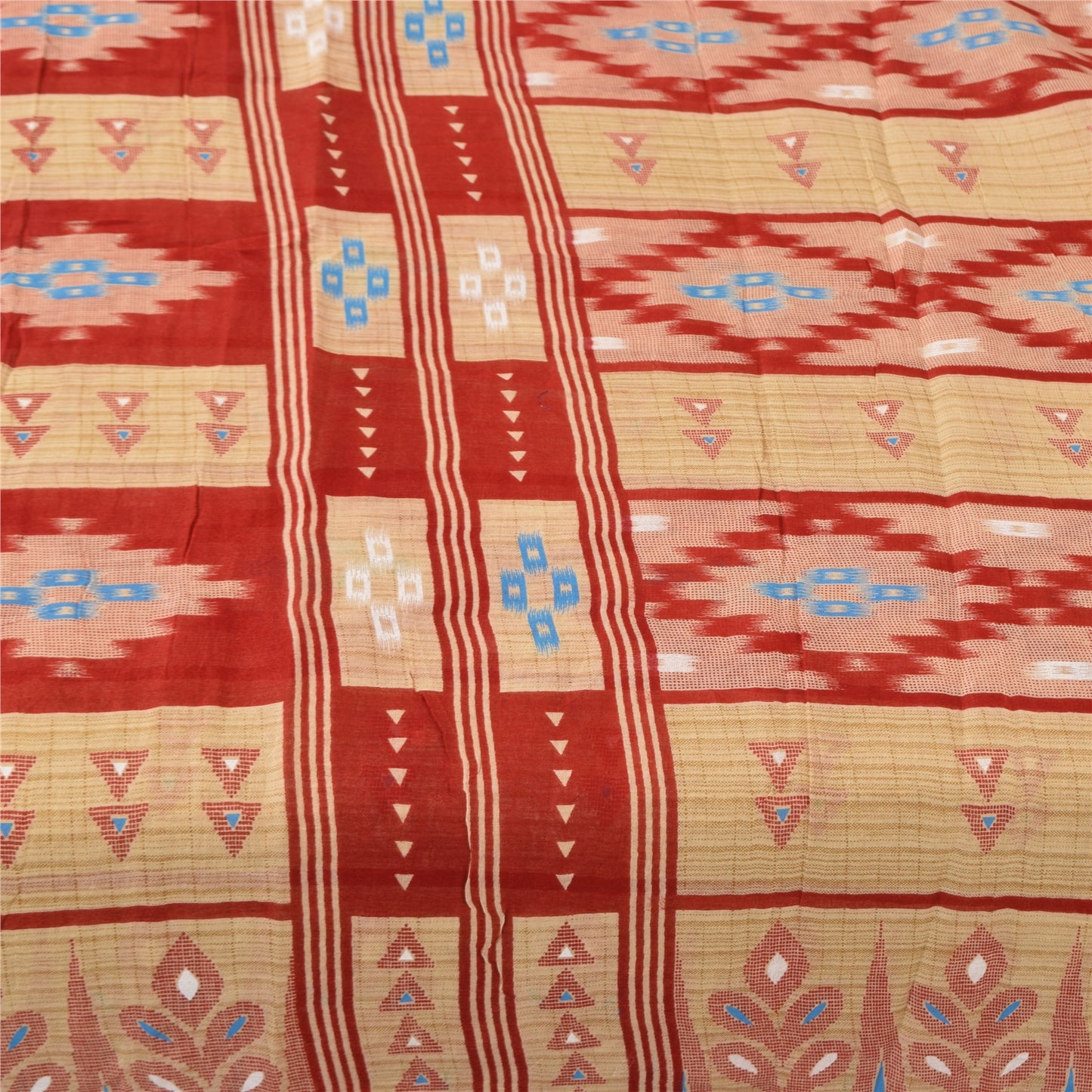 Sanskriti Vintage Sarees Peach/Red Pure Cotton Ikat Printed Sari 5+yd Sustainable Fabric