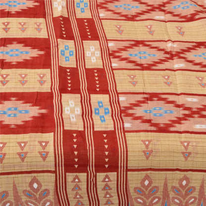 Sanskriti Vintage Sarees Peach/Red Pure Cotton Ikat Printed Sari 5+yd Sustainable Fabric
