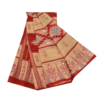 Sanskriti Vintage Sarees Peach/Red Pure Cotton Ikat Printed Sari 5+yd Sustainable Fabric