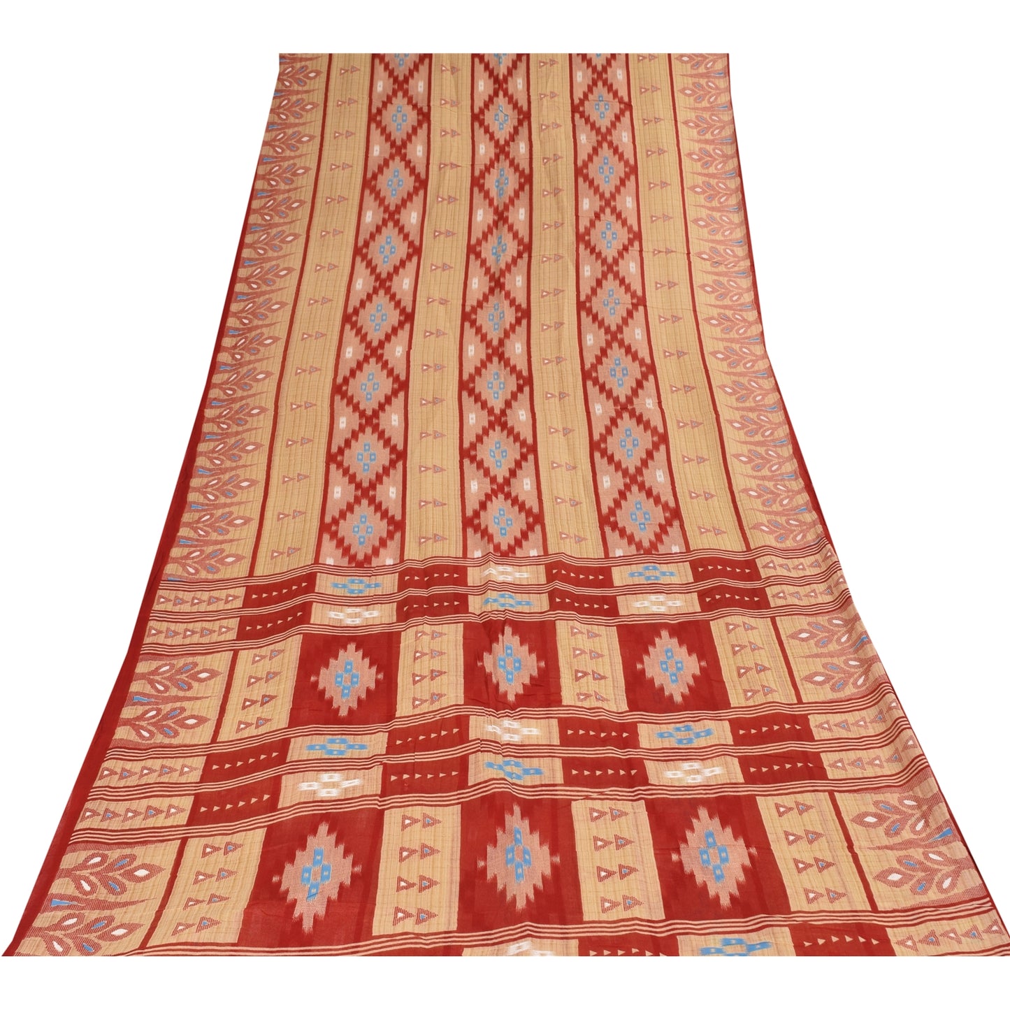 Sanskriti Vintage Sarees Peach/Red Pure Cotton Ikat Printed Sari 5+yd Sustainable Fabric