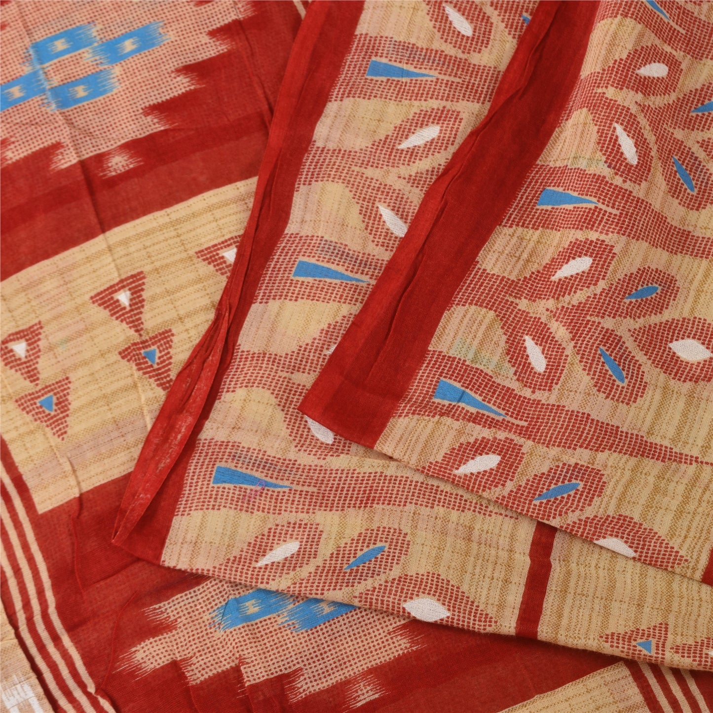 Sanskriti Vintage Sarees Peach/Red Pure Cotton Ikat Printed Sari 5+yd Sustainable Fabric