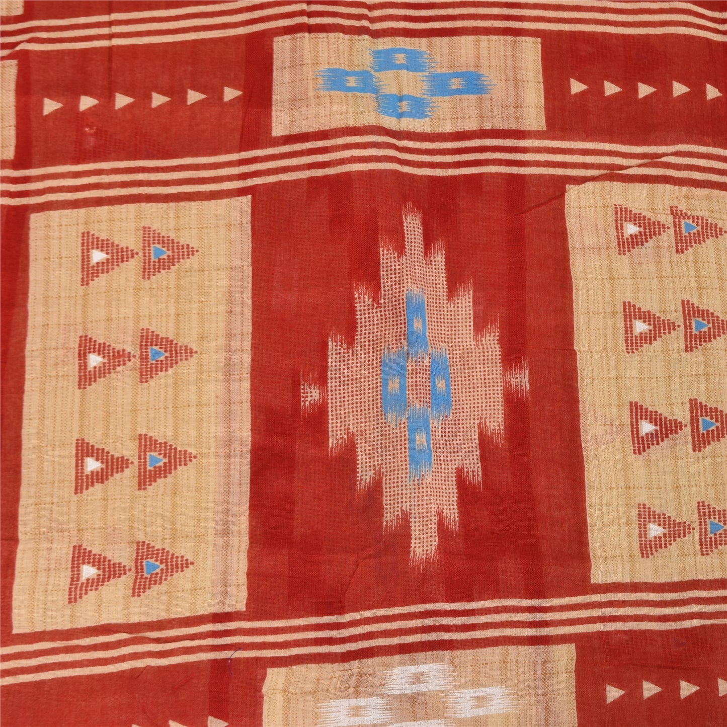 Sanskriti Vintage Sarees Peach/Red Pure Cotton Ikat Printed Sari 5+yd Sustainable Fabric