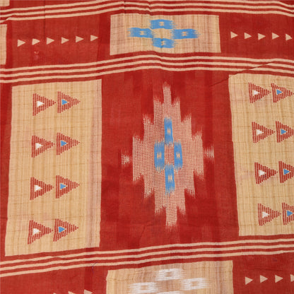 Sanskriti Vintage Sarees Peach/Red Pure Cotton Ikat Printed Sari 5+yd Sustainable Fabric