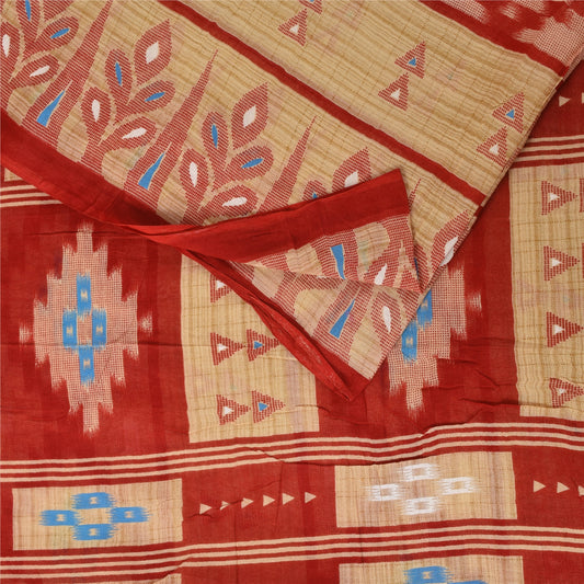Sanskriti Vintage Sarees Peach/Red Pure Cotton Ikat Printed Sari 5+yd Sustainable Fabric