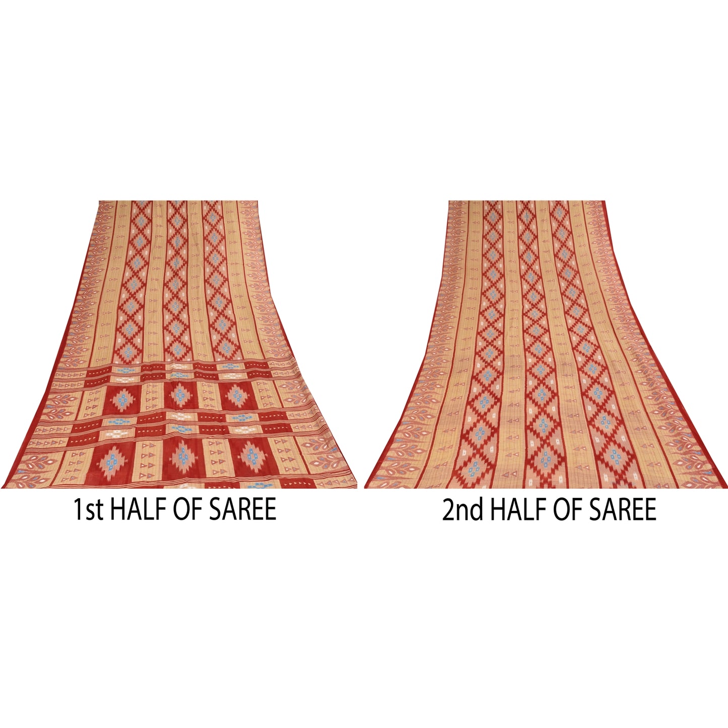 Sanskriti Vintage Sarees Peach/Red Pure Cotton Ikat Printed Sari 5+yd Sustainable Fabric