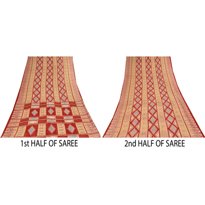 Sanskriti Vintage Sarees Peach/Red Pure Cotton Ikat Printed Sari 5+yd Sustainable Fabric