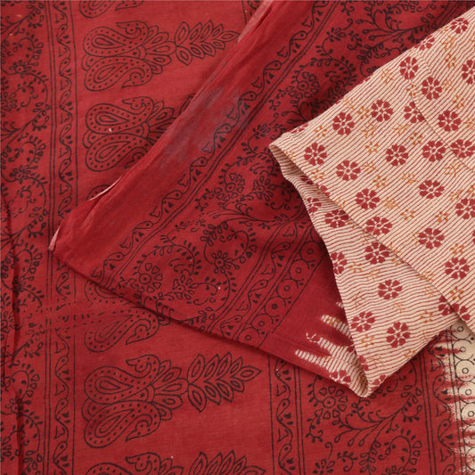 Sanskriti Vintage Sarees Peach/Red Pure Cotton Printed Sari 5+yd Craft Sustainable Fabric