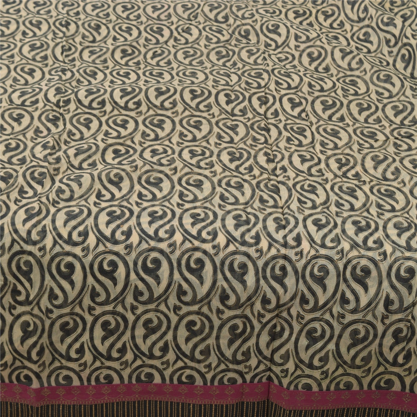 Sanskriti Vintage Sarees Cream/Black 100%Pure Cotton Print Kota Sari 5+yd Sustainable Fabric