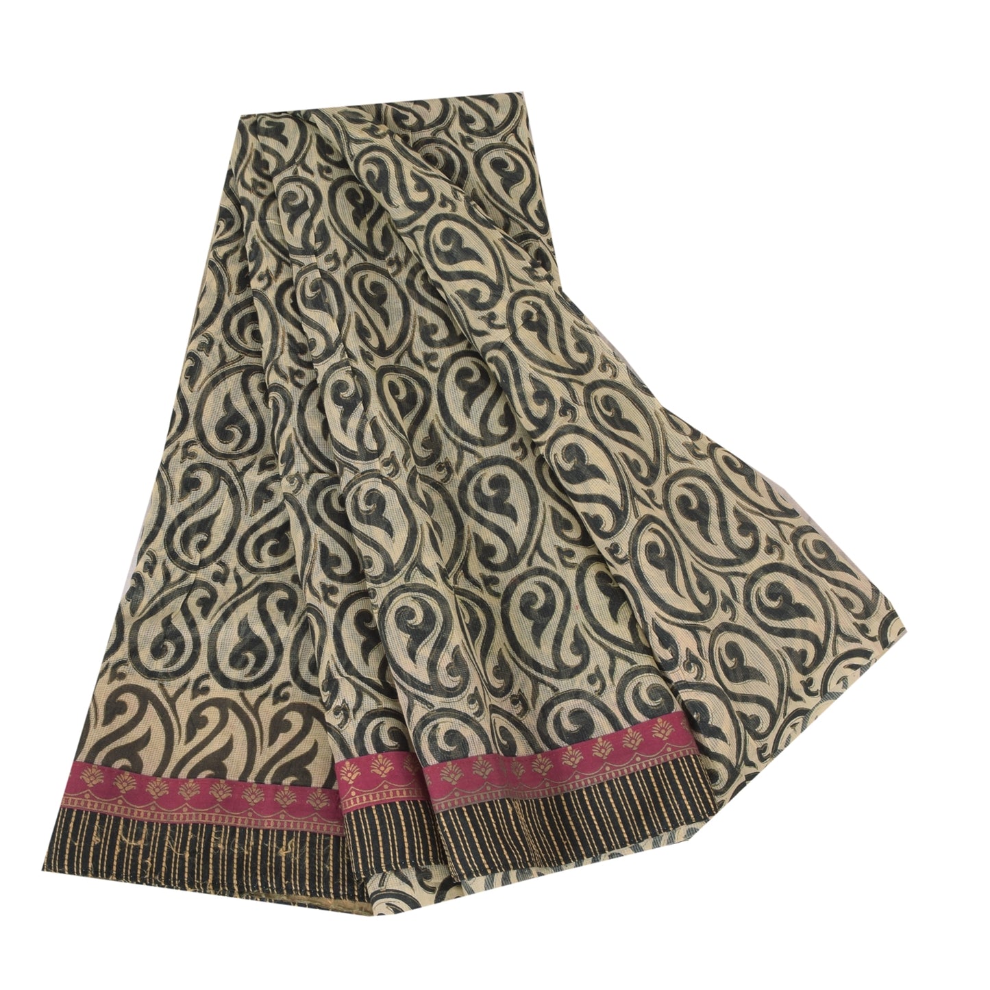 Sanskriti Vintage Sarees Cream/Black 100%Pure Cotton Print Kota Sari 5+yd Sustainable Fabric