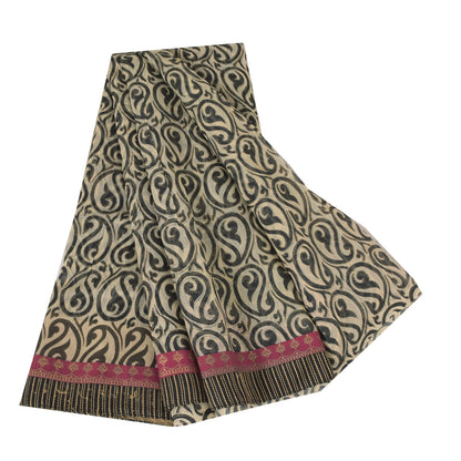 Sanskriti Vintage Sarees Cream/Black 100%Pure Cotton Print Kota Sari 5+yd Sustainable Fabric