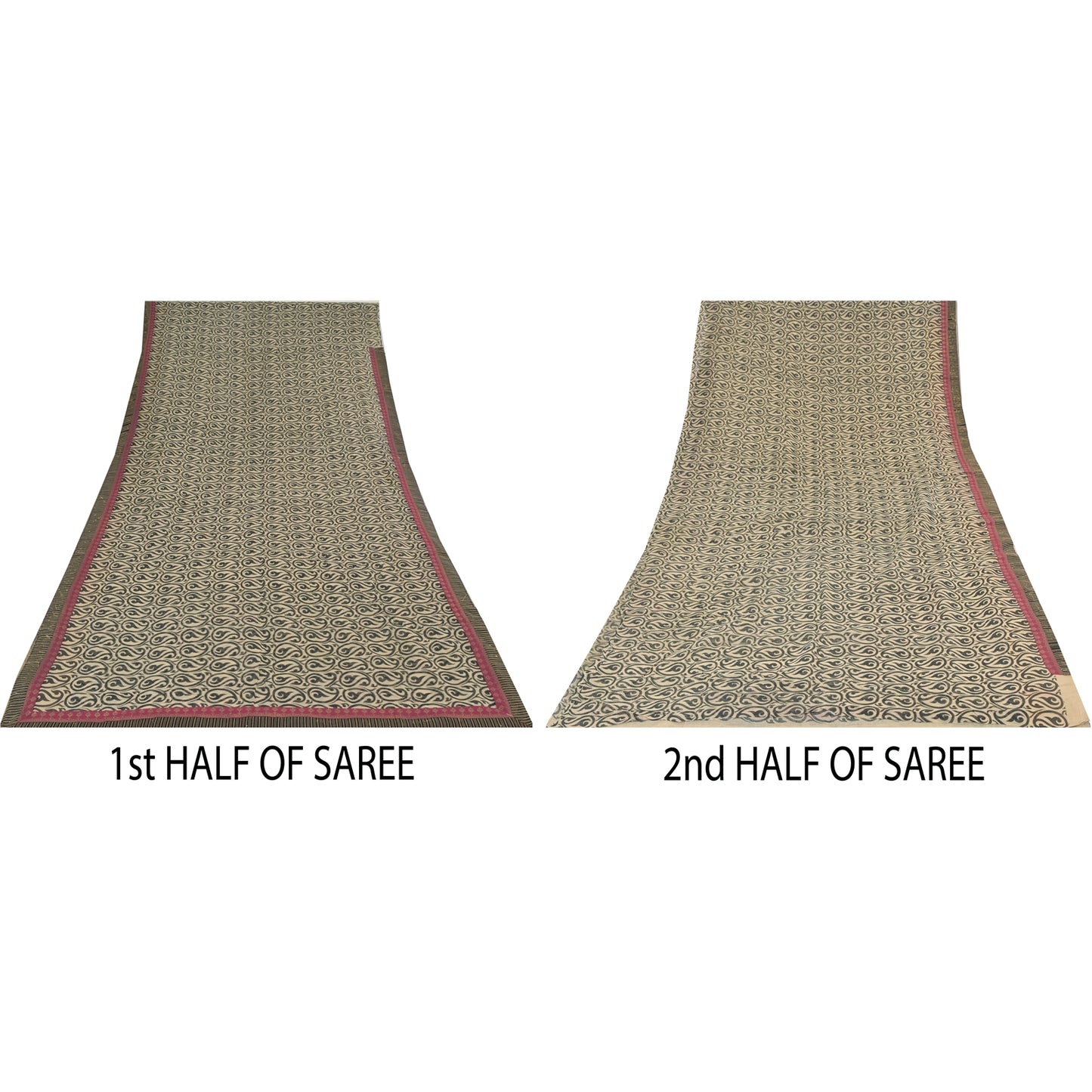 Sanskriti Vintage Sarees Cream/Black 100%Pure Cotton Print Kota Sari 5+yd Sustainable Fabric