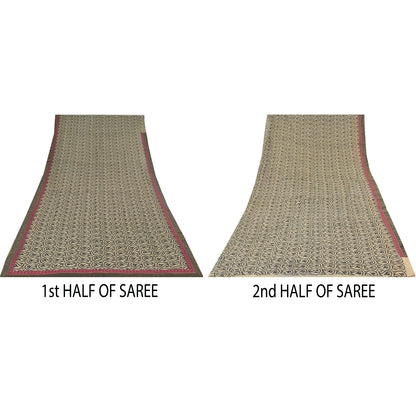 Sanskriti Vintage Sarees Cream/Black 100%Pure Cotton Print Kota Sari 5+yd Sustainable Fabric