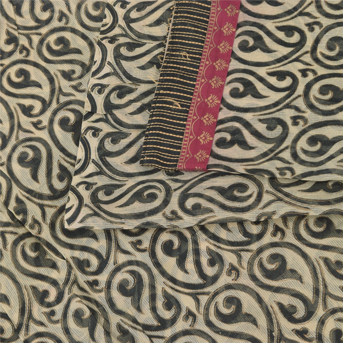 Sanskriti Vintage Sarees Cream/Black 100%Pure Cotton Print Kota Sari 5+yd Sustainable Fabric