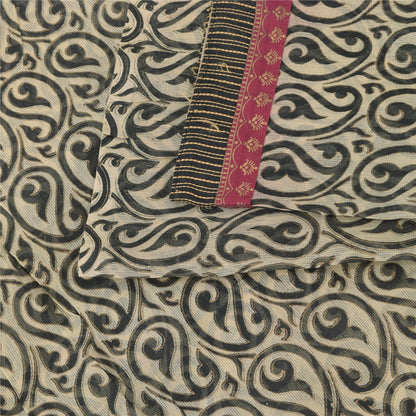 Sanskriti Vintage Sarees Cream/Black 100%Pure Cotton Print Kota Sari 5+yd Sustainable Fabric