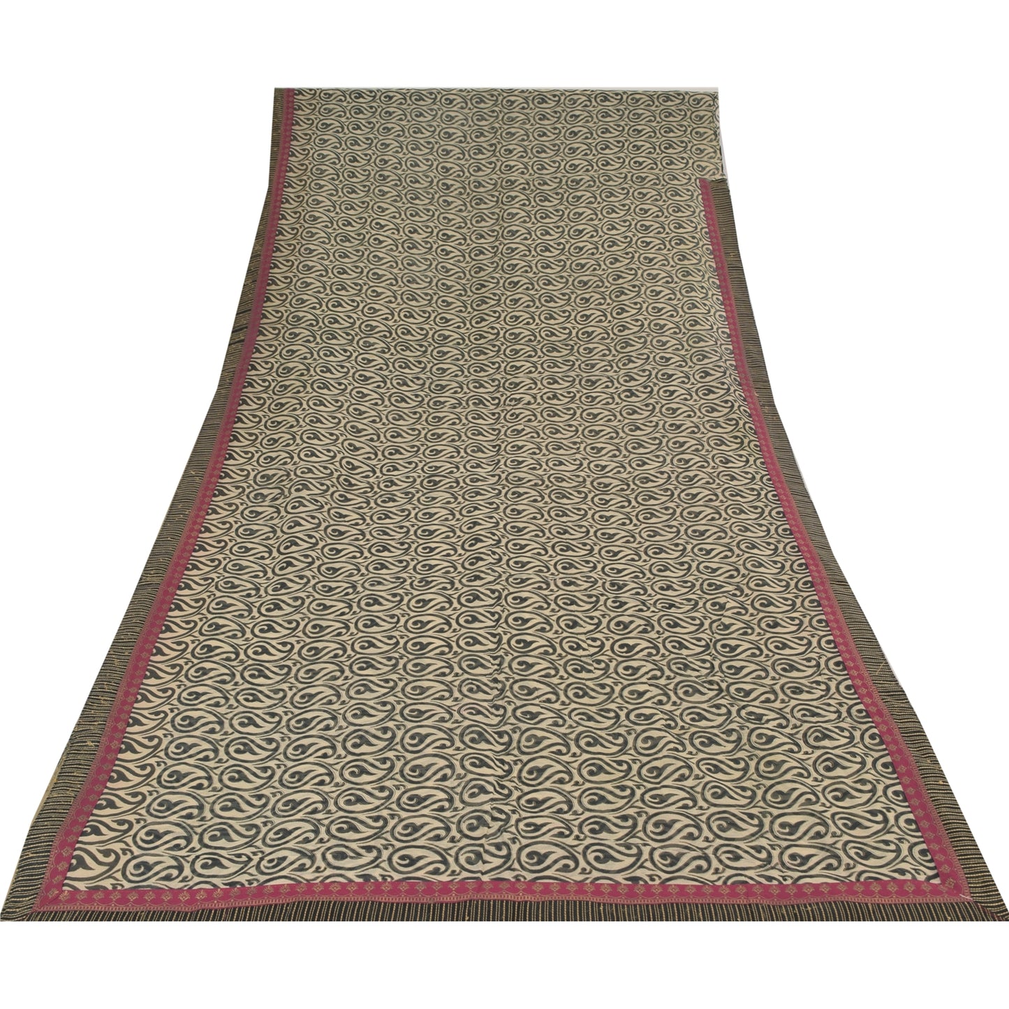 Sanskriti Vintage Sarees Cream/Black 100%Pure Cotton Print Kota Sari 5+yd Sustainable Fabric