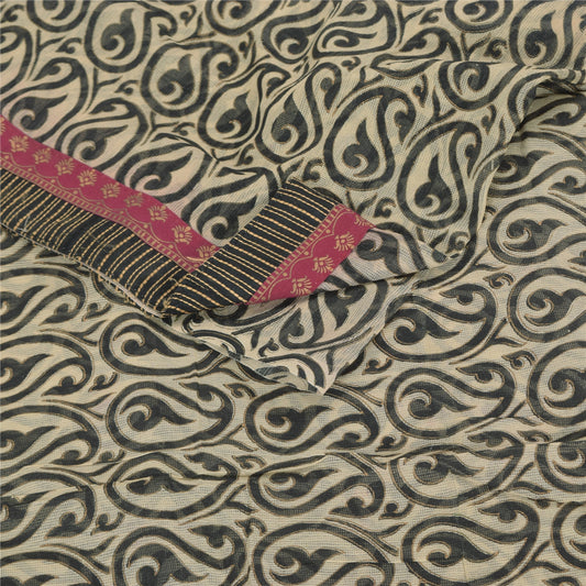 Sanskriti Vintage Sarees Cream/Black 100%Pure Cotton Print Kota Sari 5+yd Sustainable Fabric