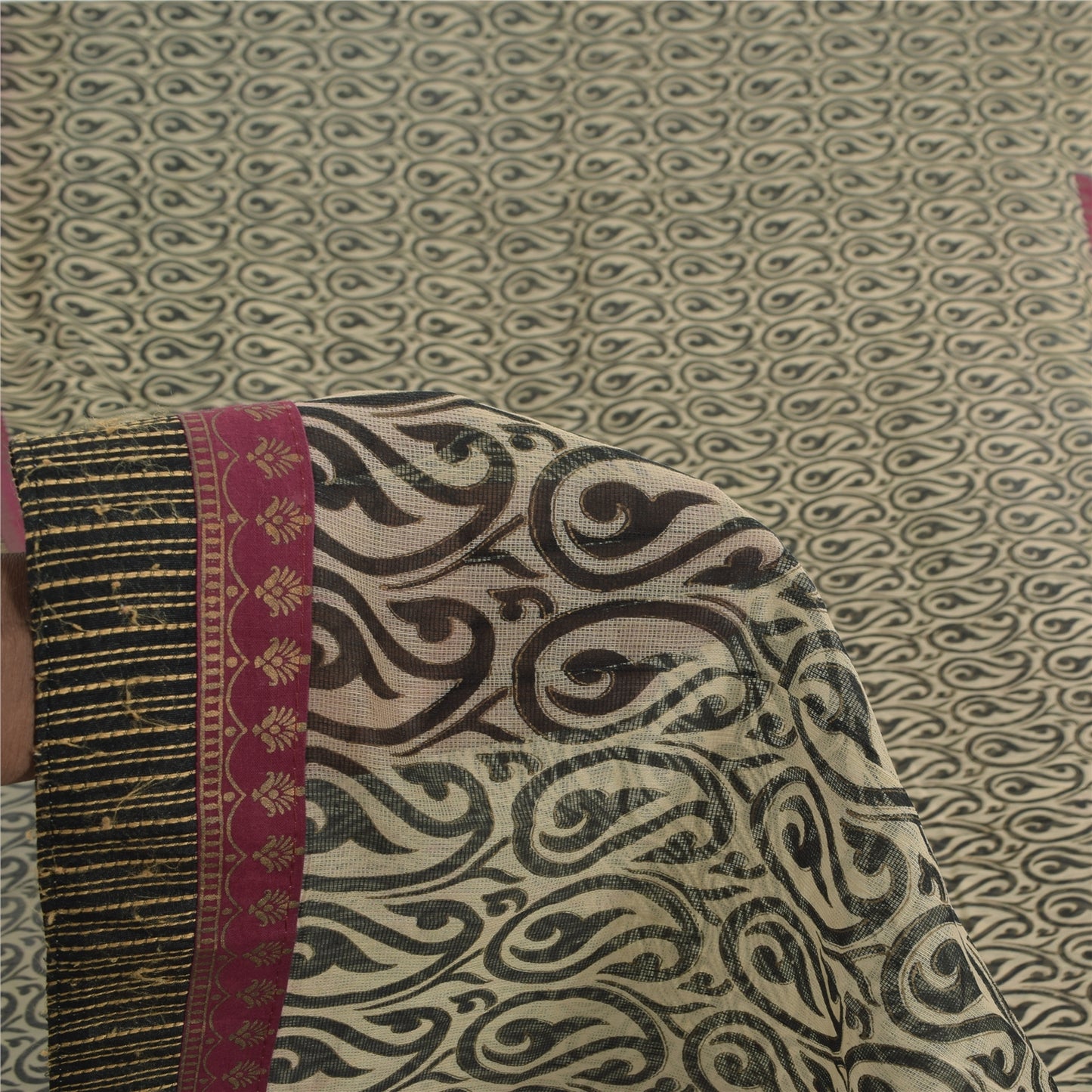 Sanskriti Vintage Sarees Cream/Black 100%Pure Cotton Print Kota Sari 5+yd Sustainable Fabric