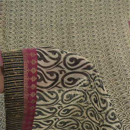 Sanskriti Vintage Sarees Cream/Black 100%Pure Cotton Print Kota Sari 5+yd Sustainable Fabric