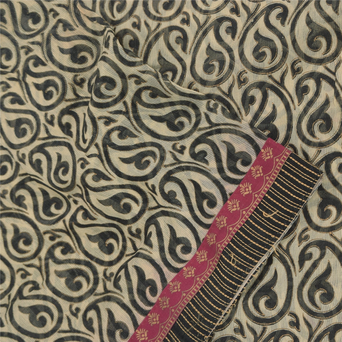 Sanskriti Vintage Sarees Cream/Black 100%Pure Cotton Print Kota Sari 5+yd Sustainable Fabric